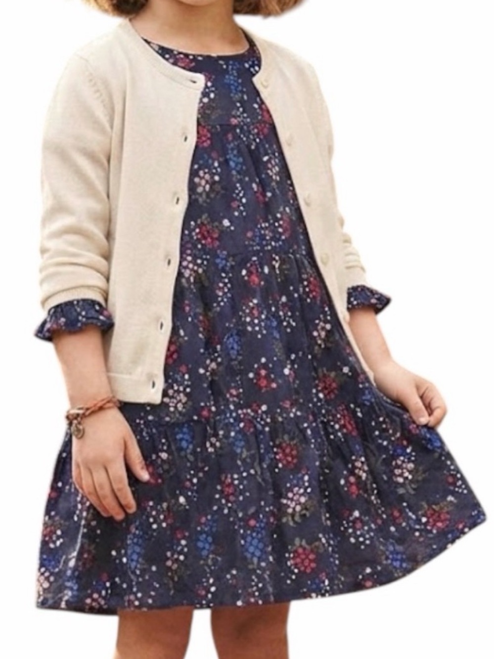 MARKS & SPENCER Cottagecore Preppy Floral Star Navy Blue Long Sleeve Dress 3-4Y